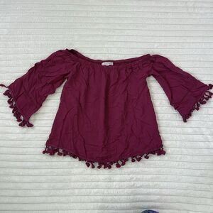 Moa Moa Burgundy Red Women’s Peasant Blouse Size XS Bohemian Top Tassels FLAW